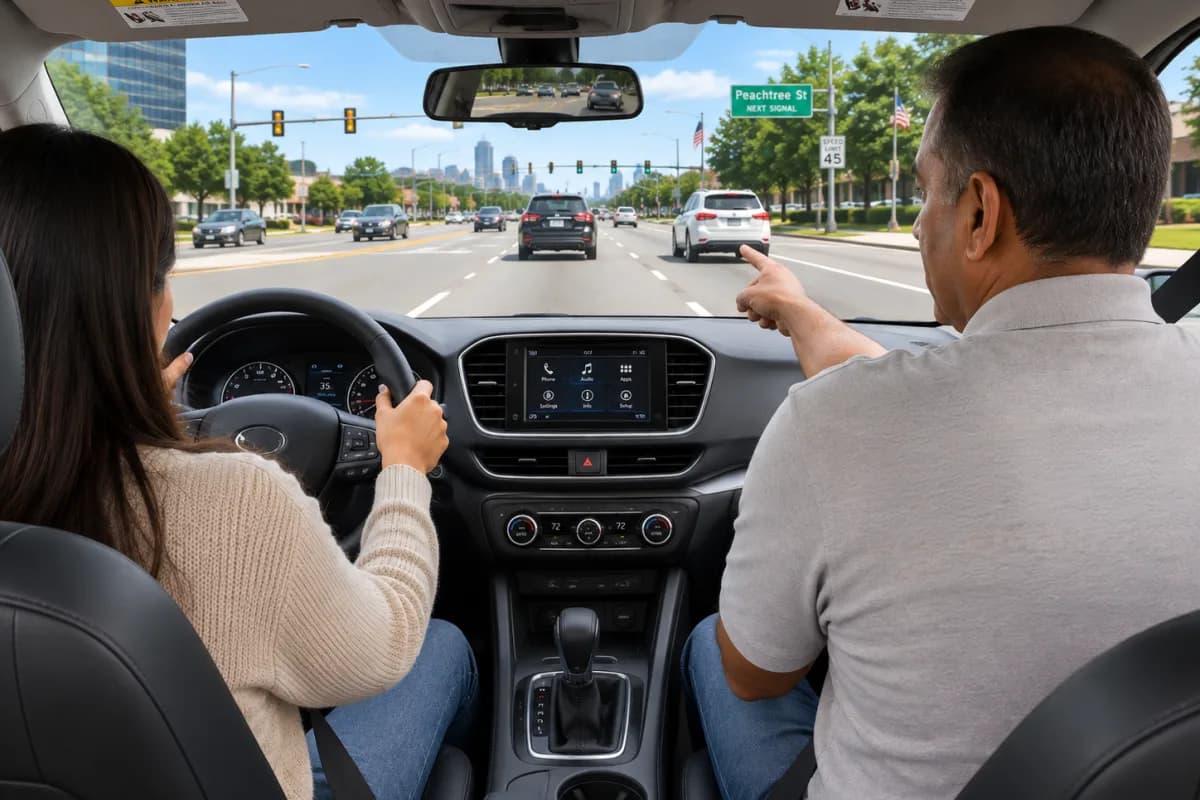 An instructor in the passenger seat pointing ahead through the windscreen while a student drives on a multi-lane road