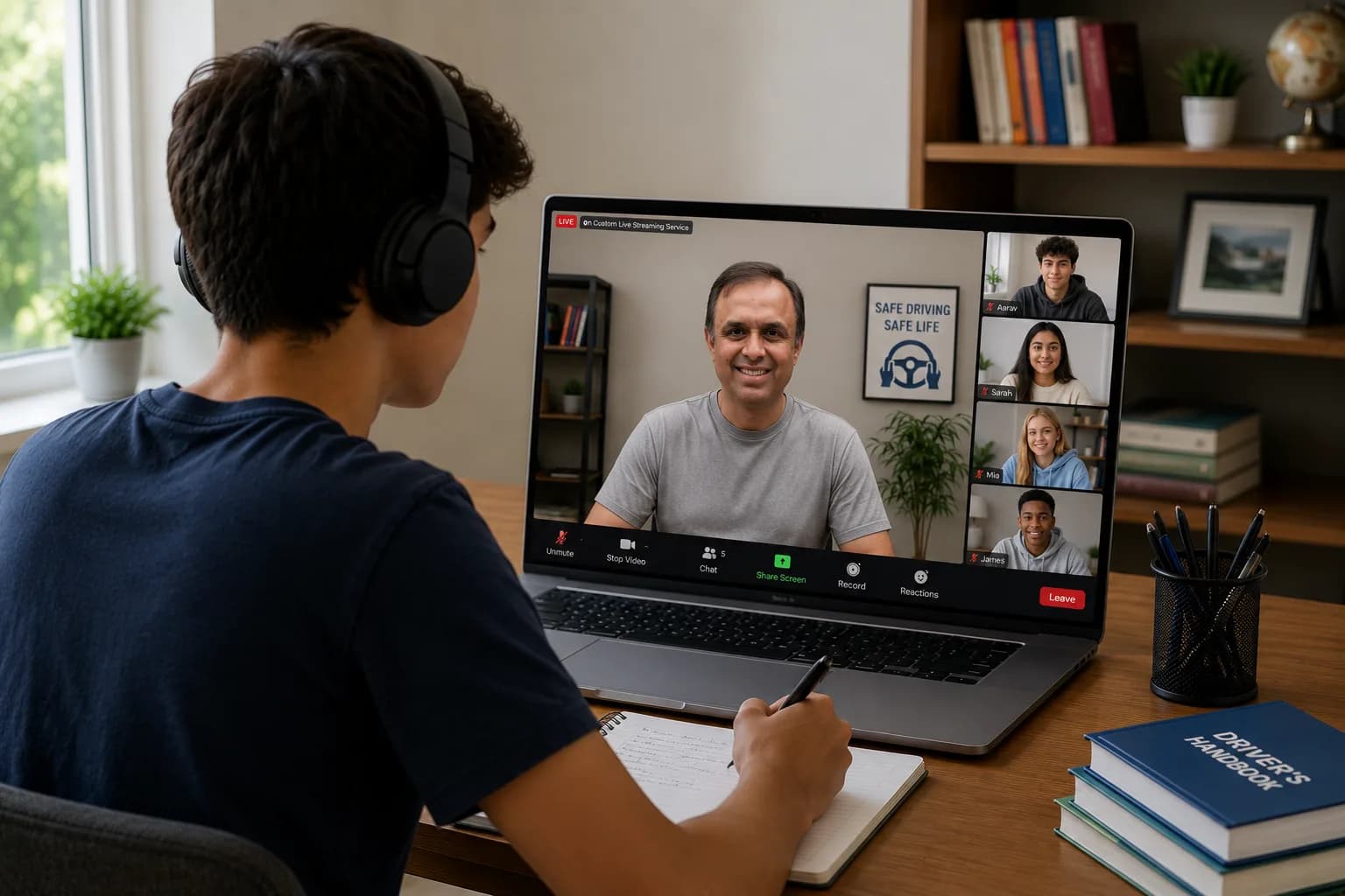 A student at a desk taking notes while attending a live class on Zoom, with the instructor and other students on screen