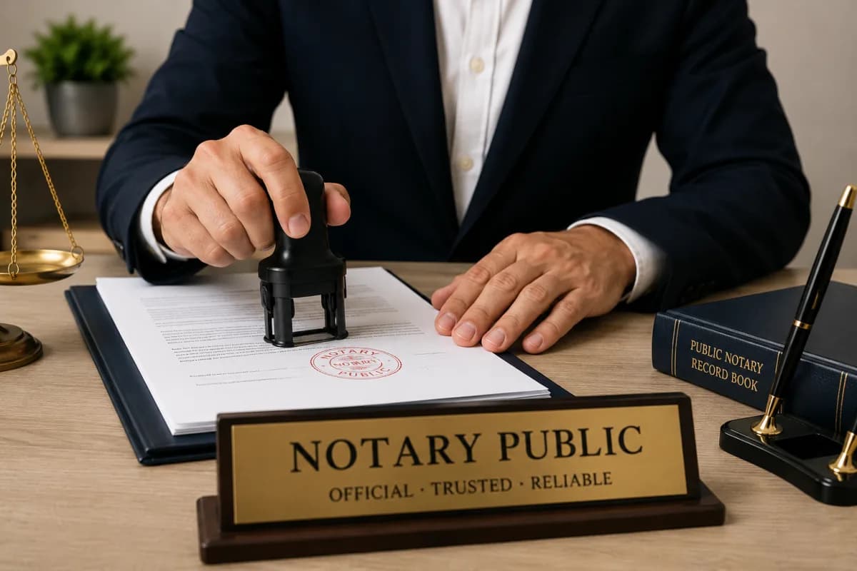A notary in a suit pressing a seal onto a document at a desk, beside a notary record book and a “Notary Public” desk plate