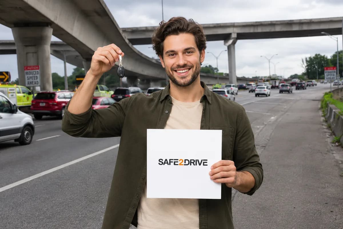 A smiling man standing beside a busy Atlanta highway, holding up a car key in one hand and a sign reading Safe2Drive in the other